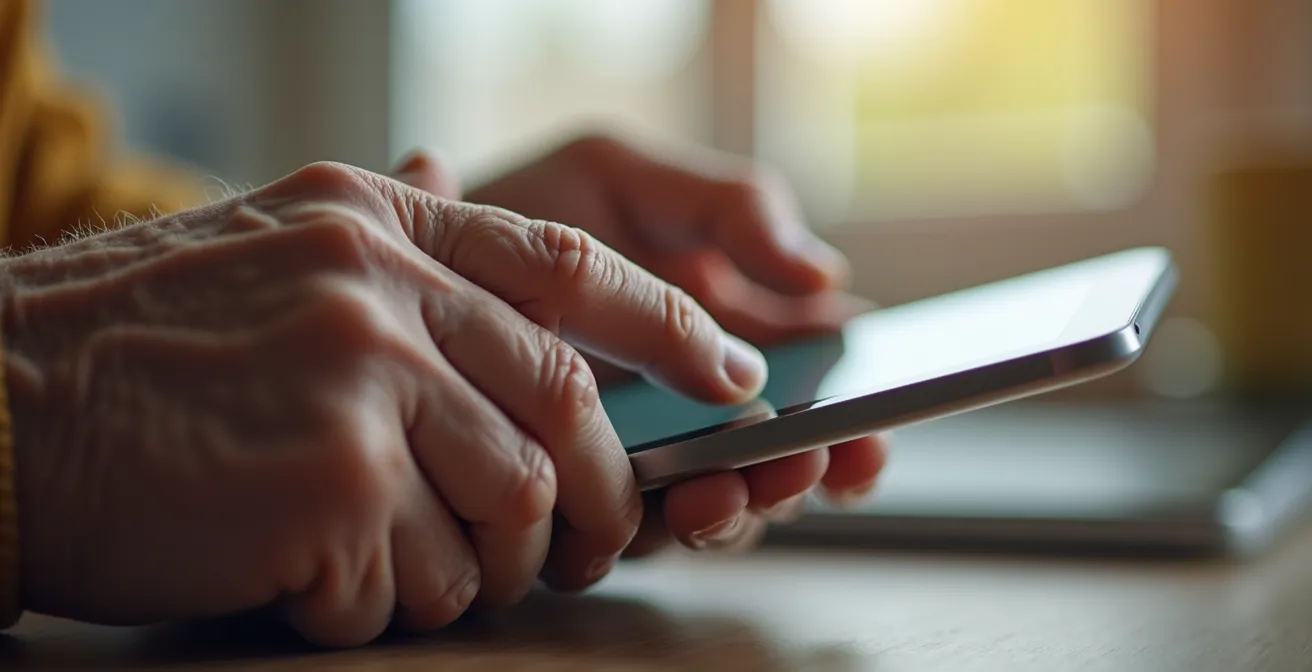 Main de senior utilisant une tablette pour effectuer un rachat d'assurance vie en ligne
