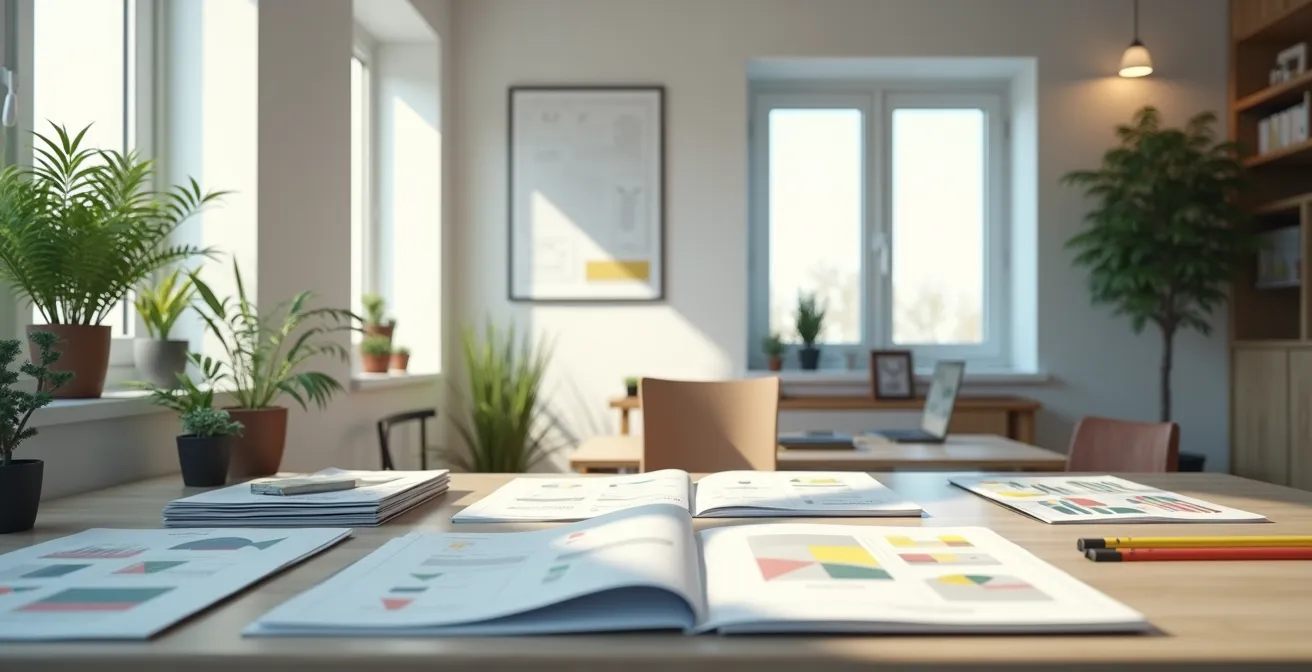 Expert d'assurance examinant des documents techniques avec catalogues de produits électroniques sur une table