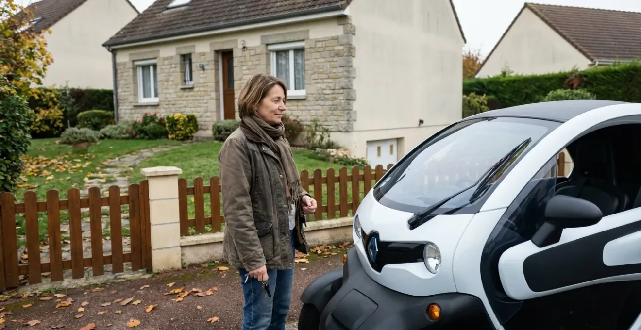 Propriétaire de voiture sans permis devant son véhicule quadricycle en zone résidentielle française