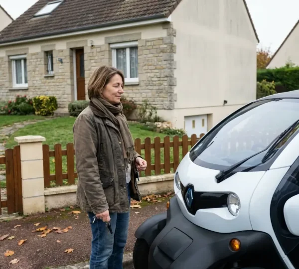 Propriétaire de voiture sans permis devant son véhicule quadricycle en zone résidentielle française