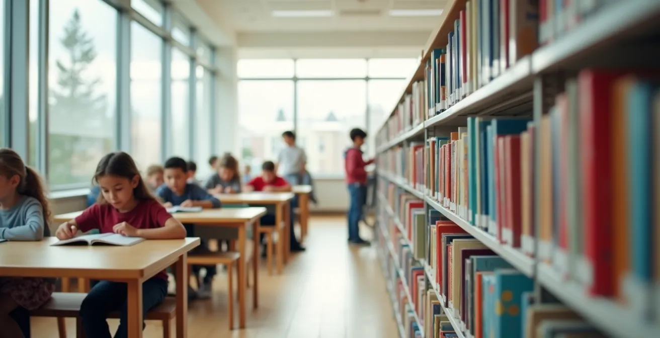 Enfants étudiant ensemble dans une bibliothèque lumineuse