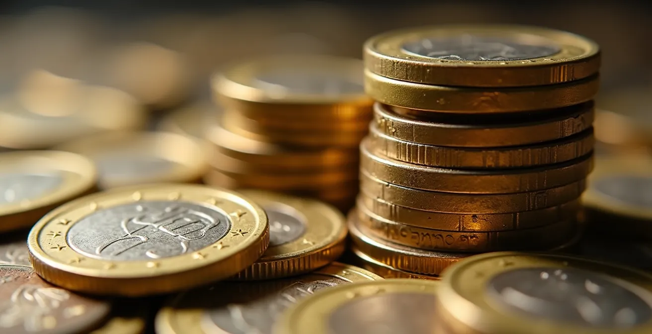 Vue macro de pièces d'euros empilées avec effet de profondeur de champ