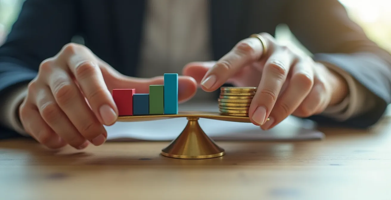 Balance équilibrée avec pièces dorées et documents financiers abstraits