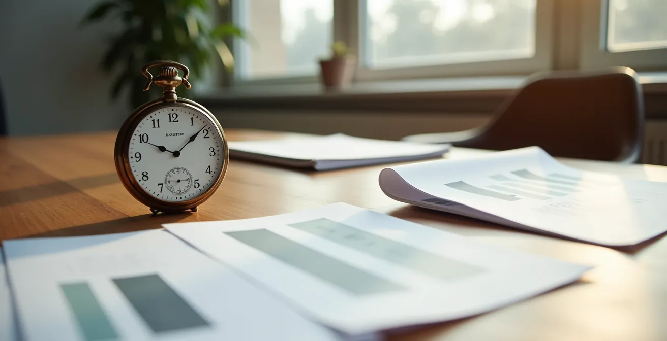 Horloge vintage et documents abstraits symbolisant le timing stratégique pour le relevé d'information