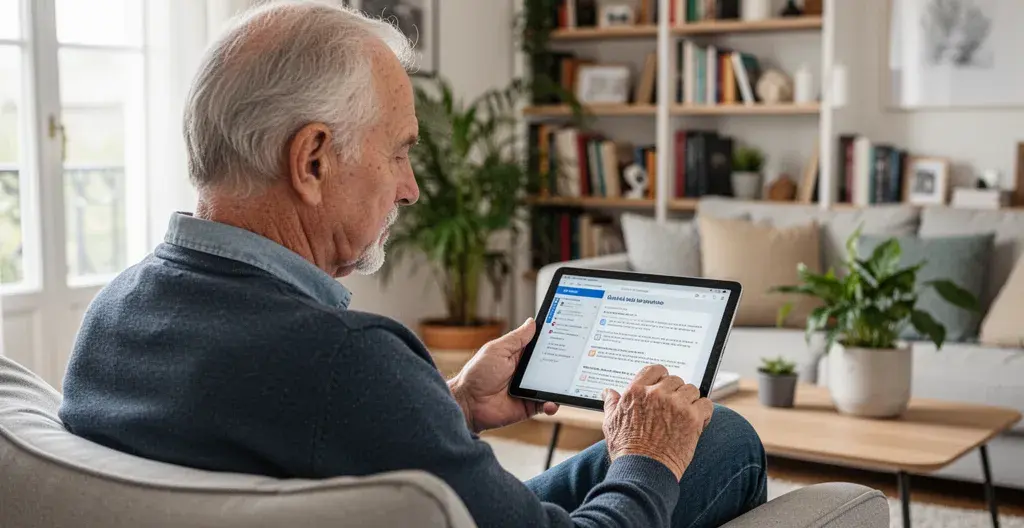 Senior consultant des informations sur tablette dans son salon lumineux