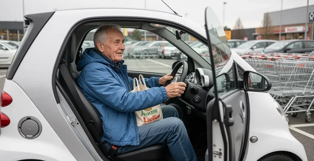 Senior au volant de sa voiture sans permis sur un parking de supermarché