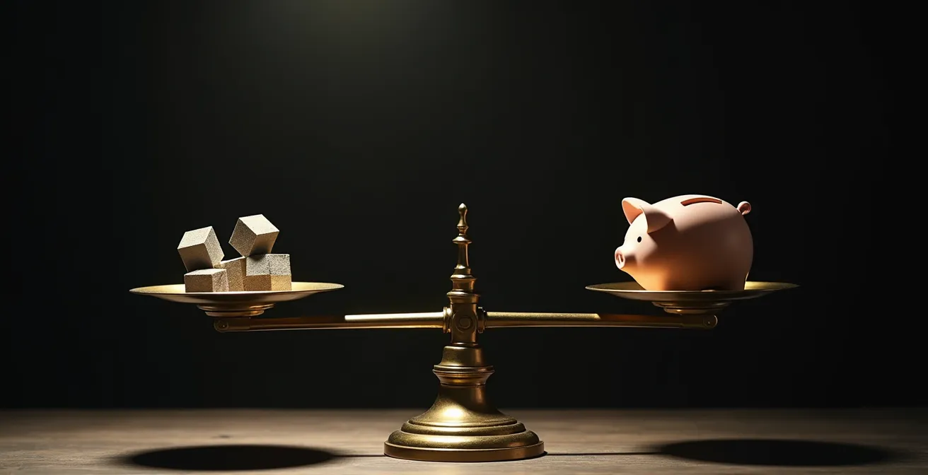 Balance déséquilibrée avec des symboles d'investissement risqué d'un côté et un épargnant de l'autre, illustrant le transfert de risque.