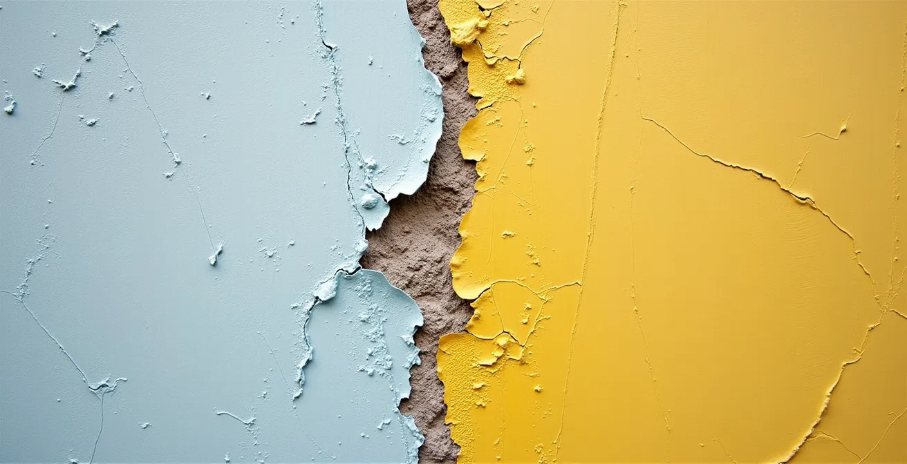 Mur montrant une transition entre peinture ancienne dégradée et peinture neuve fraîchement appliquée