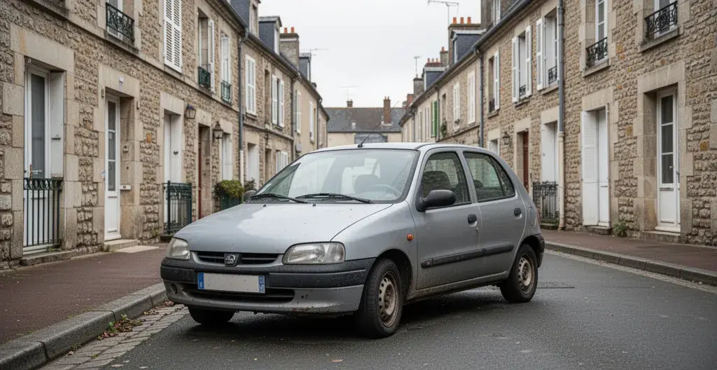 Voiture compacte d'occasion garée dans une rue résidentielle française, choix assurance tiers